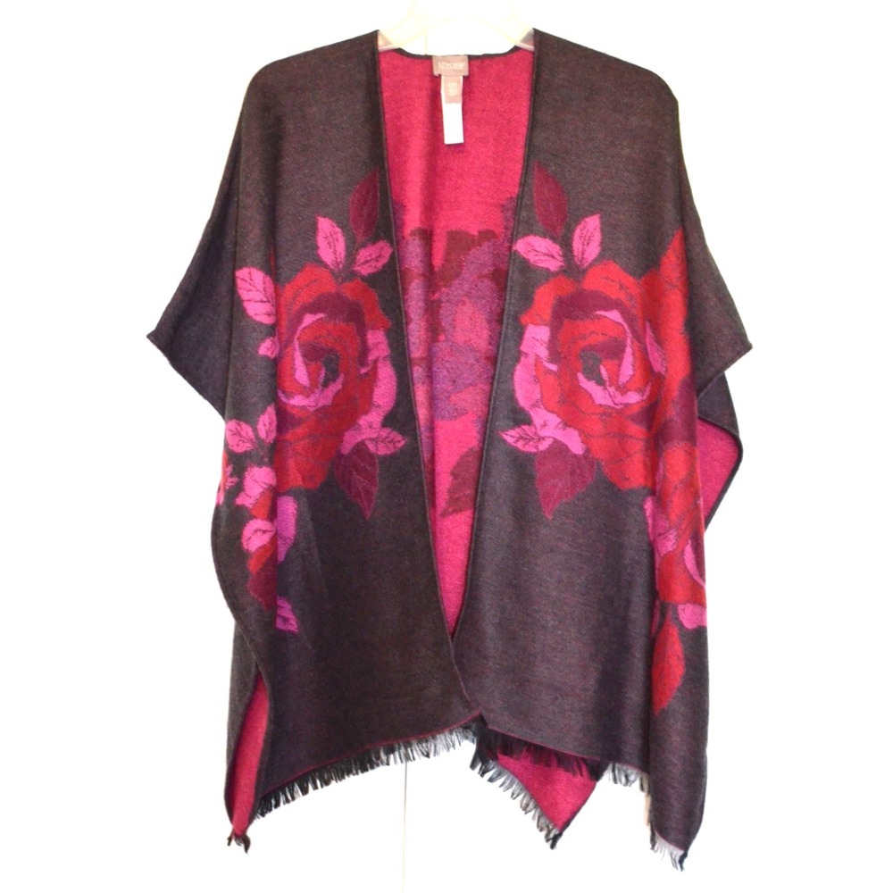 Chico's Wrap‎ / Shawl Women's Size 0 / Small Dark Gray w/ Pink Flower Roses EUC